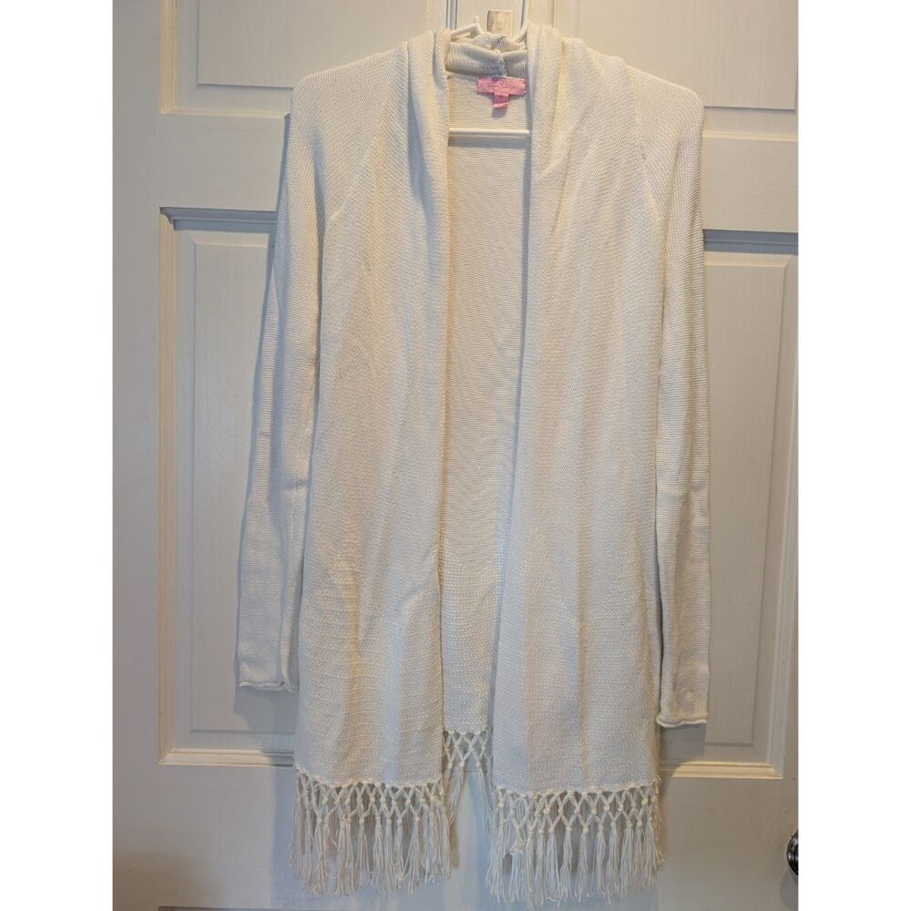 Lilly Pulitzer Tatum White Cardigan Fringe Tassels Cotton XS Coastal Chic Summer
